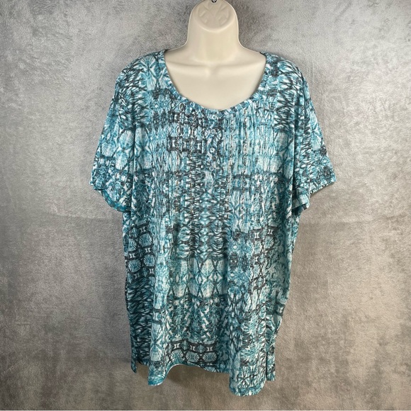 Erika Top Women Size 3X Short Sleeve Henley Beaded Teal‎ Black Patterned Boho - Picture 1 of 9